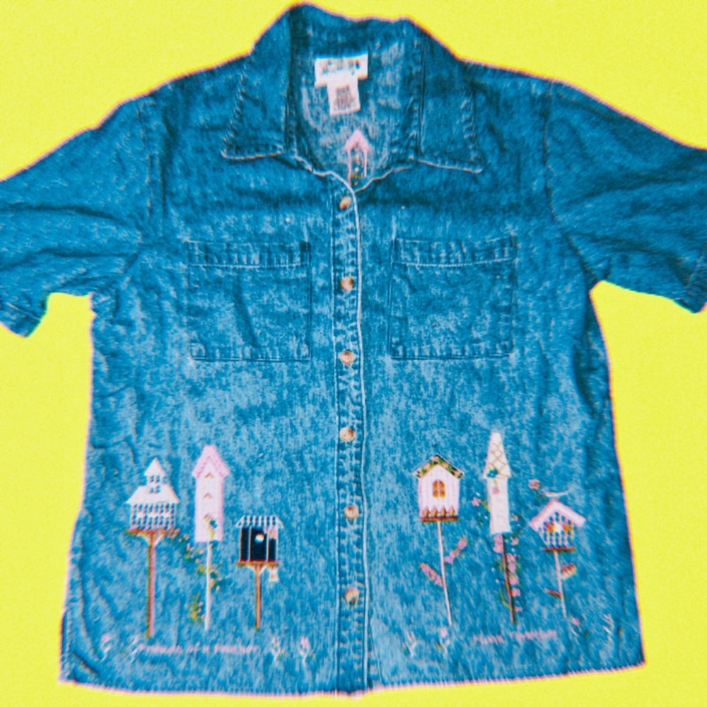 Women’s “Friends Of A Feather” Denim Button-up Shirt (Size M)